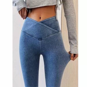 new V-waist stretch denim Legging firm give waist to ankle blue jeans L XL 2XL